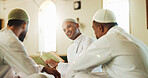 Muslim, men and Quran in mosque for learning, reading and mindfulness with worship to praise Allah. Islamic people, teacher and religion with book for guidance, teaching scripture or prayer in temple