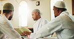 Islamic, men and Quran in mosque for learning, reading and mindfulness with worship to praise Allah. Muslim people, teacher and religion with book for guidance, teaching scripture or prayer in temple