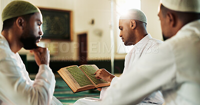 Buy stock photo Muslim, men and Quran in mosque for teaching, reading and mindfulness with worship to praise Allah. Islamic people, teacher and religion with book for guidance, learning scripture or prayer in temple