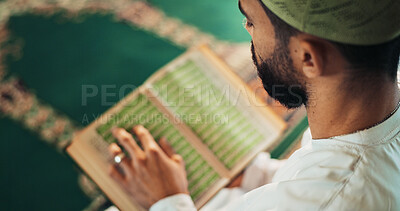Buy stock photo Muslim, man or Quran in mosque for learning, reading or mindfulness with worship to praise Allah. Islamic person, religion or above with holy book for guidance, studying scripture or prayer in temple
