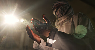 Buy stock photo Muslim person, night or hands praying to worship for Palestine, low angle or support to Allah in holy temple. Dua, Islamic religion and asking God for spiritual guidance, blessing or Ramadan Kareem