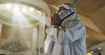 Muslim person, faith or praying in mosque to worship for Palestine, help or gratitude to Allah in holy temple. Dua, Islamic religion or asking God for spiritual guidance, blessing or Ramadan Kareem