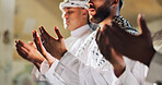 Muslim people, group or hands praying to worship for Palestine, gratitude or support to Allah in holy temple. Dua, Islamic religion and asking God for spiritual guidance, blessing or Ramadan Kareem