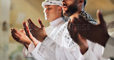 Buy stock photo Muslim people, group or hands praying to worship for Palestine, gratitude or support to Allah in holy temple. Dua, Islamic religion and asking God for spiritual guidance, blessing or Ramadan Kareem