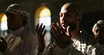 Muslim religion, mosque or man praying to worship for Palestine, gratitude or support to Allah in holy temple. Dua, Islamic people and asking God for spiritual guidance, blessing or Ramadan Kareem