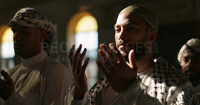 Buy stock photo Muslim religion, mosque or man praying to worship for Palestine, gratitude or support to Allah in holy temple. Dua, Islamic people and asking God for spiritual guidance, blessing or Ramadan Kareem