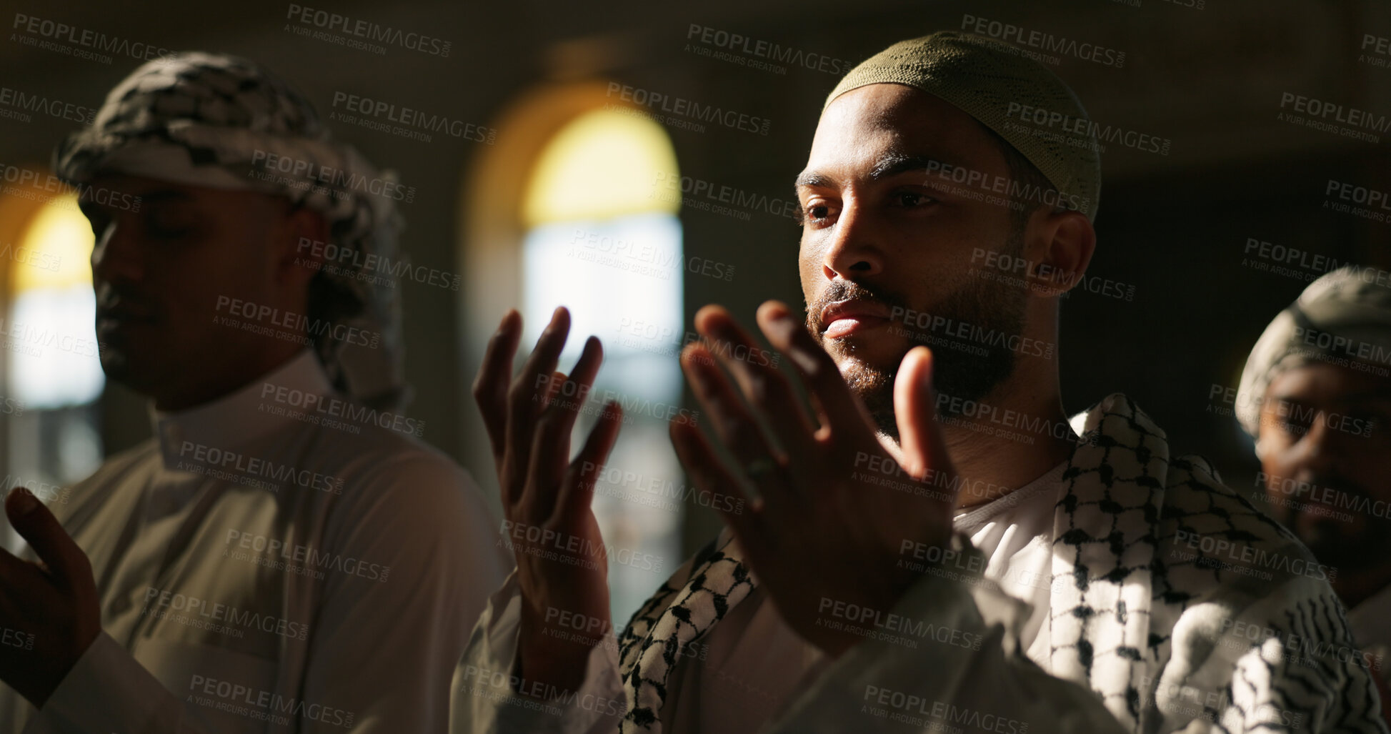 Buy stock photo Muslim religion, mosque or man praying to worship for Palestine, gratitude or support to Allah in holy temple. Dua, Islamic people and asking God for spiritual guidance, blessing or Ramadan Kareem