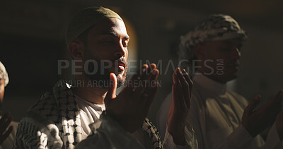 Buy stock photo Light, dua or man in Muslim religion to worship for Palestine, gratitude or support to Allah in holy temple. Mosque, Islamic people and asking God for spiritual guidance, blessing or Ramadan Kareem