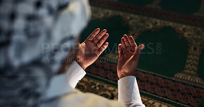 Buy stock photo Muslim person, above or hands praying to worship for Palestine, gratitude or support to Allah in holy temple. Dua, Islamic religion and asking God for spiritual guidance, blessing or Ramadan Kareem