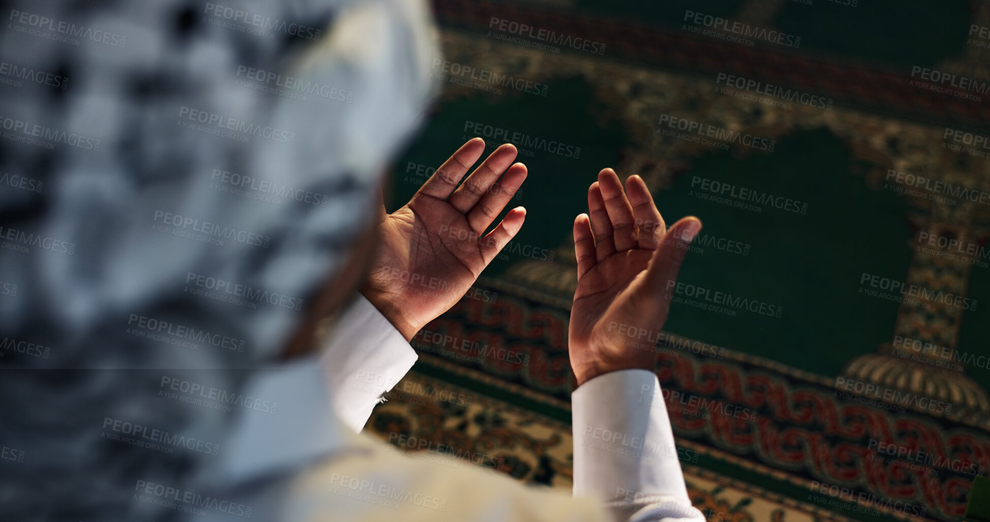 Buy stock photo Muslim person, above or hands praying to worship for Palestine, gratitude or support to Allah in holy temple. Dua, Islamic religion and asking God for spiritual guidance, blessing or Ramadan Kareem