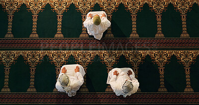 Buy stock photo Mosque, above or Islamic people praying to worship for Palestine, gratitude or support to Allah in holy temple. Dua, Muslim religion and asking God for spiritual guidance, blessing or Ramadan Kareem