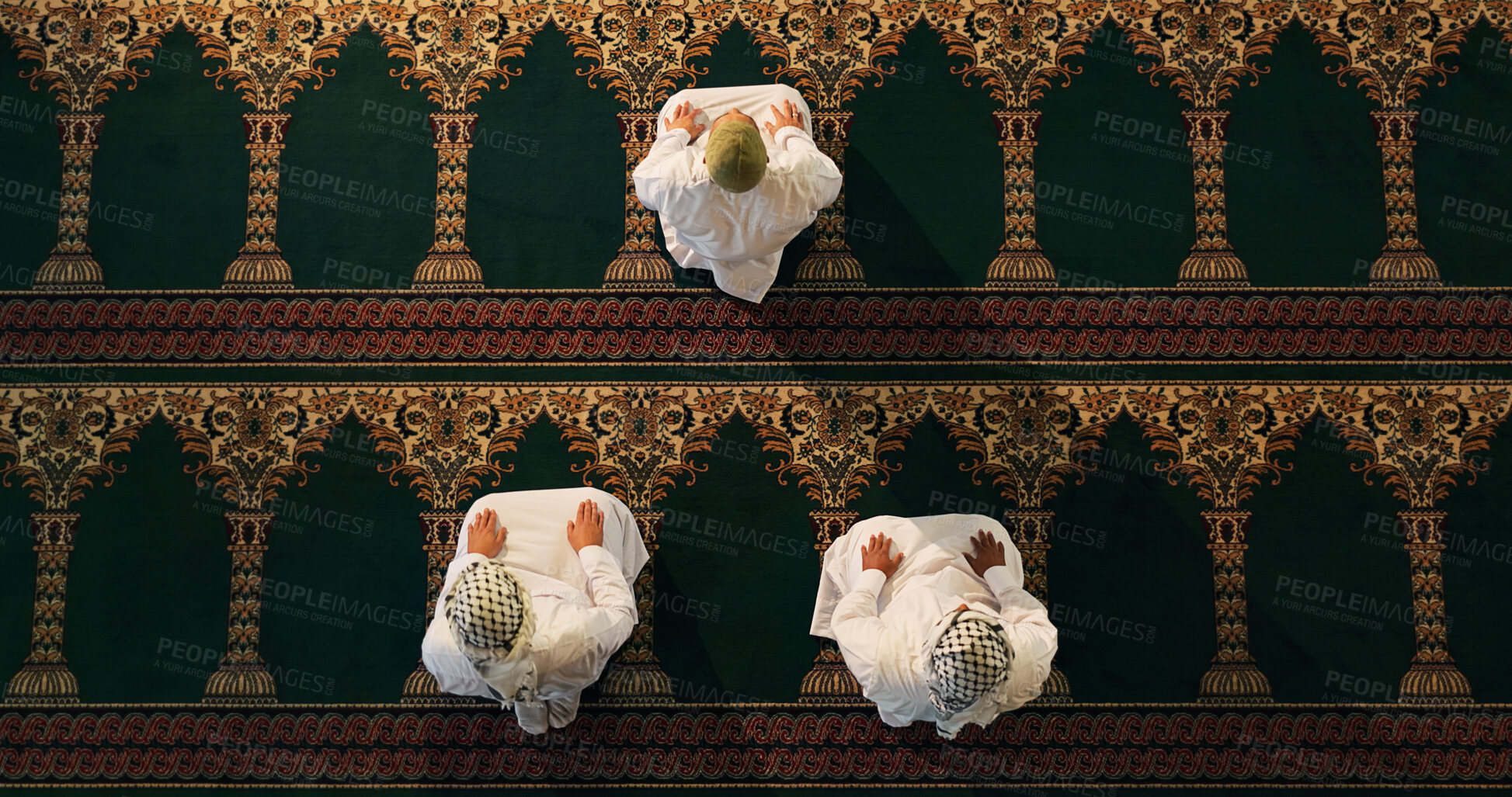 Buy stock photo Mosque, above or Islamic people praying to worship for Palestine, gratitude or support to Allah in holy temple. Dua, Muslim religion and asking God for spiritual guidance, blessing or Ramadan Kareem