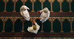 Talking, above or Islamic people in mosque for Palestine, knowledge or support to Allah in holy temple. Dua, Muslim religion and men with friendship for spiritual guidance, fasting or Ramadan Kareem