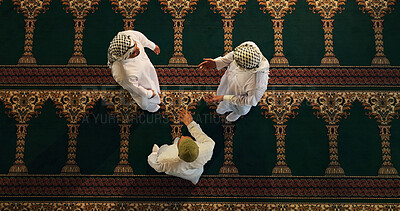 Buy stock photo Talking, men or Islamic people in mosque for Palestine, knowledge or support to Allah in holy temple. Dua, Muslim religion and above with friendship for spiritual guidance, fasting or Ramadan Kareem