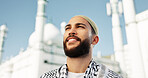 Thinking, outdoor and mosque with Muslim man, religion and smile with faith, arabic culture and gratitude. Islamic person, traditional clothes and belief with thanks, contemplation and holy temple