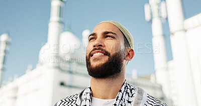 Buy stock photo Thinking, outdoor and mosque with Muslim man, religion and smile with faith, arabic culture and gratitude. Islamic person, traditional clothes and belief with thanks, contemplation and holy temple