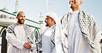 Islamic, men and handshake with smile, outdoor and mosque for belief in Allah, religion and spiritual. Agreement, happy and Muslim people with gesture for prayer, culture and holy temple for Eid