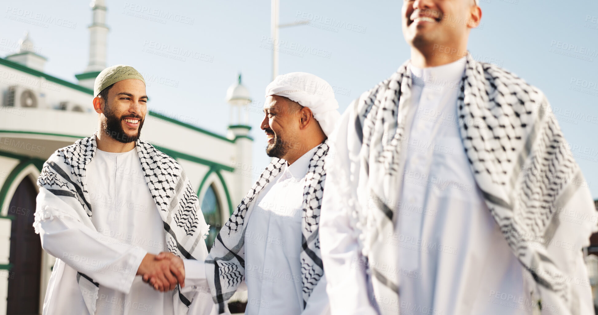 Buy stock photo Islamic, men and handshake with smile, outdoor and mosque for belief in Allah, religion and spiritual. Agreement, happy and Muslim people with gesture for prayer, culture and holy temple for Eid