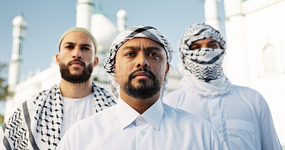 Buy stock photo Outdoor, group and Muslim men with traditional clothes, religion or spiritual belief. Islamic people, mosque or friends in city, support or solidarity community with faith, holy temple or Eid Mubarak