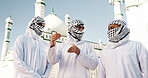 Outdoor, mosque and group of muslim men, talking and covering face with keffiyeh, religious and building. Holy, Islamic faith and people with thobe, prayer and political discussion for Palestine