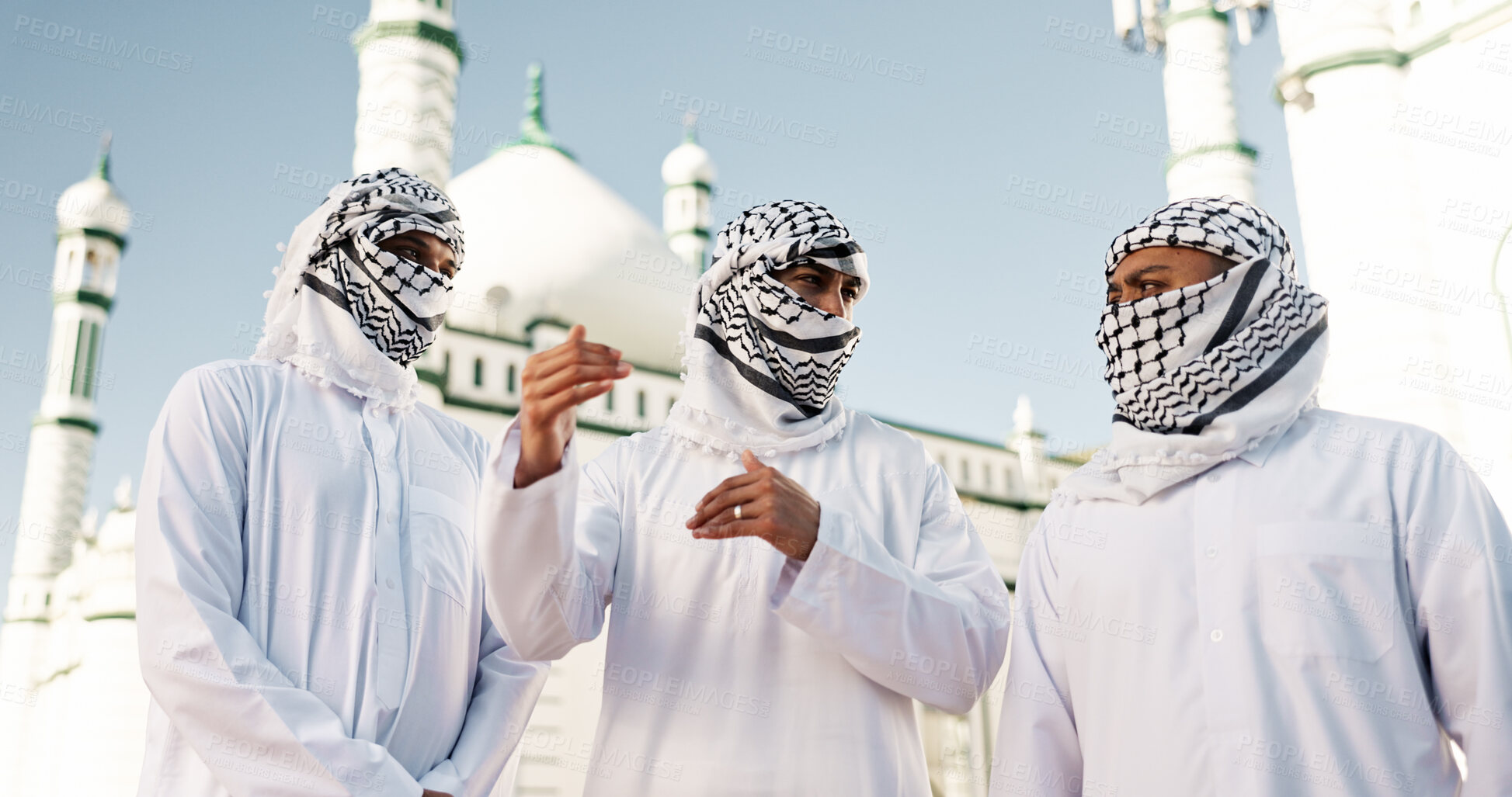 Buy stock photo Outdoor, mosque and group of muslim men, talking and covering face with keffiyeh, religious and building. Holy, Islamic faith and people with thobe, prayer and political discussion for Palestine