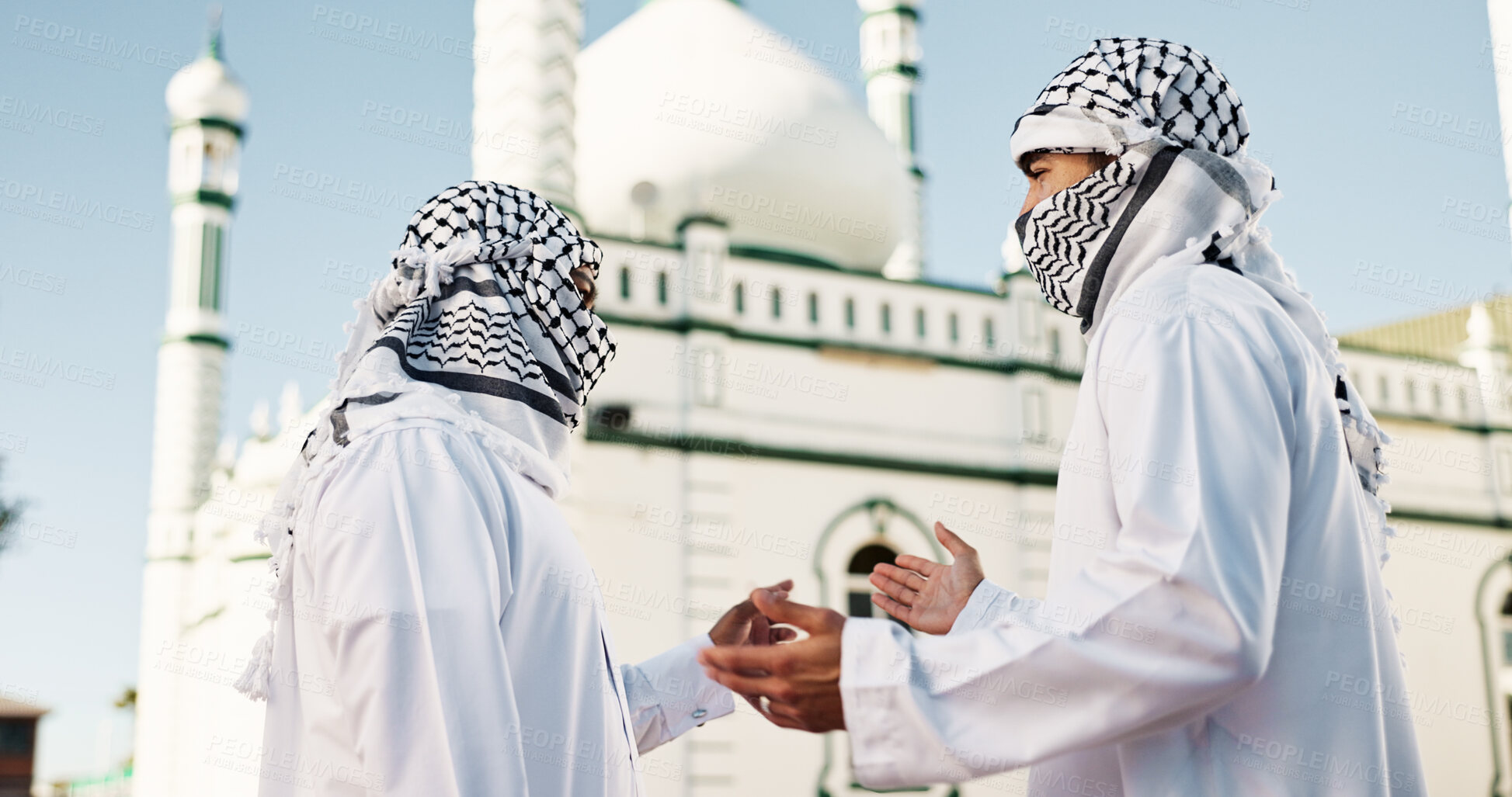 Buy stock photo Religion, mosque and muslim men with discussion, outdoor and explaining prayer to friend and worship. Holy temple, spiritual and people with keffiyeh for Islamic faith, conversation and building