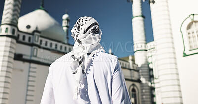 Buy stock photo Outdoor, man and mosque for faith, back and architecture for Muslim belief, Islamic and holy building. Structure, scenery and temple to worship Allah, spiritual and landmark for culture or person