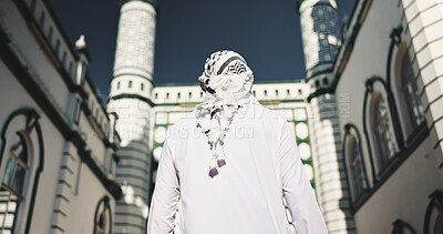 Buy stock photo Islamic, man and mosque for faith, back and architecture for Muslim belief, outdoor and holy building. Structure, scenery and temple to worship Allah, spiritual and landmark for culture or person