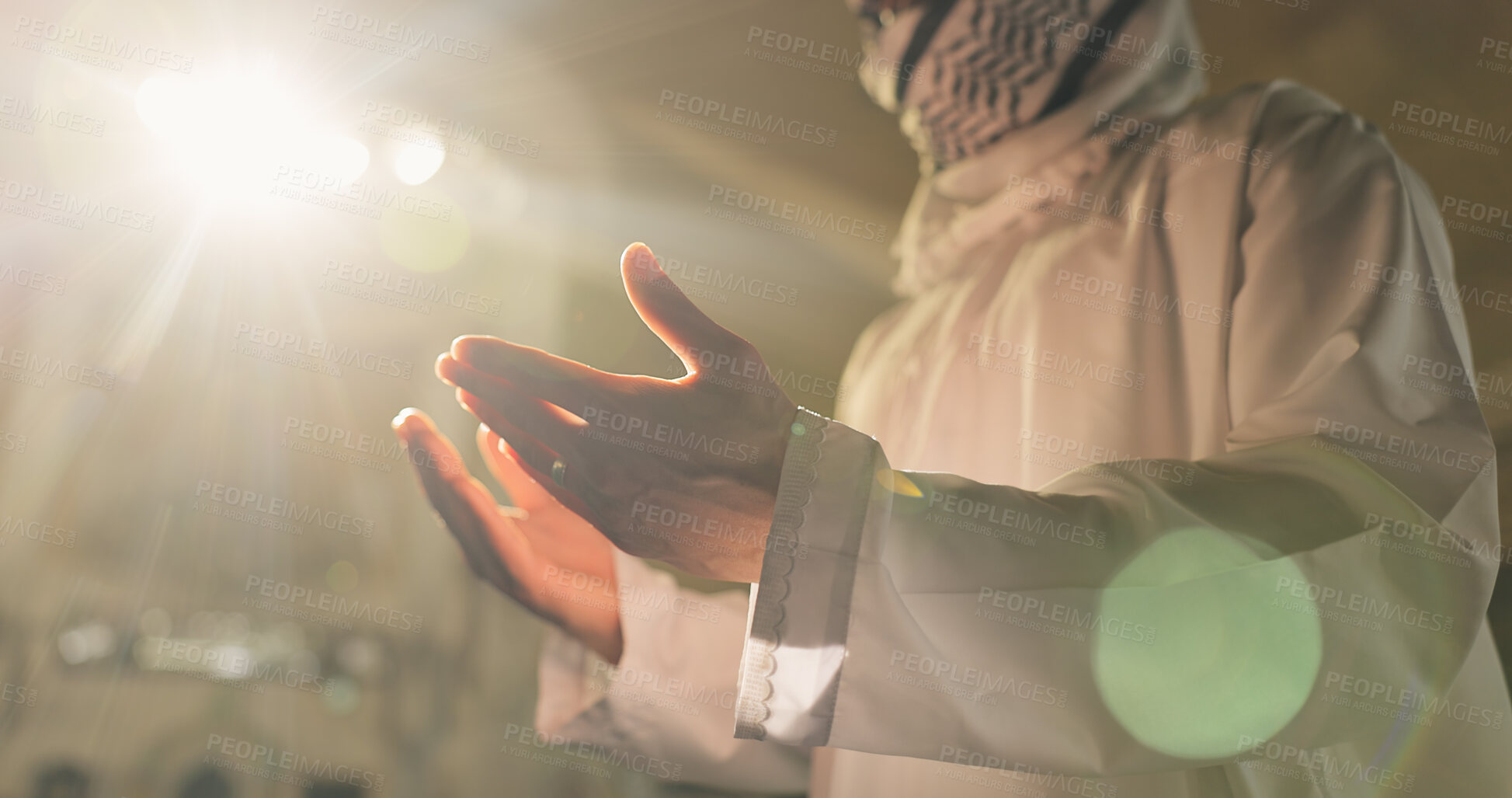 Buy stock photo Muslim person, mosque or hands praying to worship for Palestine, gratitude or support to Allah. Dua, low angle or Islamic religion for asking God for spiritual guidance, blessing or Ramadan Kareem