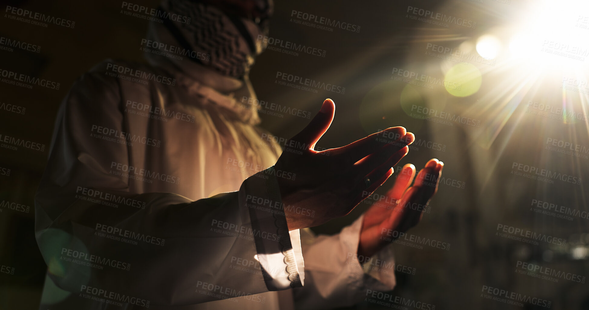 Buy stock photo Muslim person, dark or hands praying to worship for faith, gratitude or support to Allah in Palestine. Night, Islamic religion and asking God for spiritual guidance, dua blessing or Ramadan Kareem