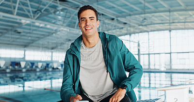 Buy stock photo Coach, swimming pool or portrait of happy man with confidence for exercise program. Gym teacher, indoor facility and proud male personal trainer in fitness center for wellness or training performance