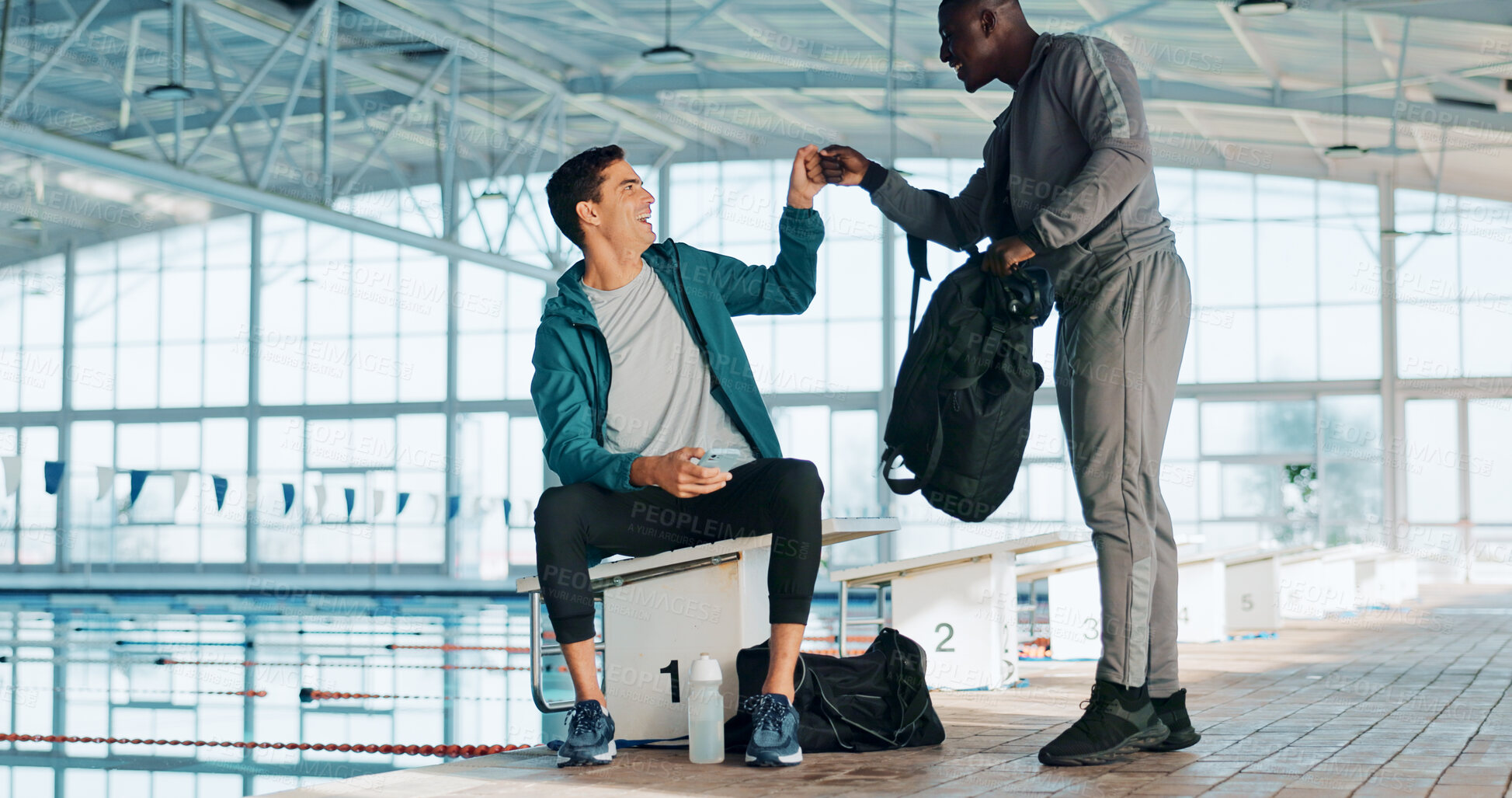 Buy stock photo Sports, training and swimming pool with people and fist bump for fitness team, coaching and support. Competition, personal trainer and exercise progress with athlete swimmer at workout center