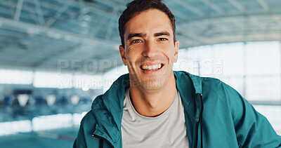 Buy stock photo Portrait, swimming pool and man with smile, fitness and training with professional athlete. Face, wellness center or happy person with confidence, practice for competition or swimmer with exercise