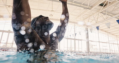 Buy stock photo Celebration, athlete and man with smile, pool and winner of competition, excited and victory for swimmer. Achievement, swimming and black person with success on race, bokeh and performance for sports