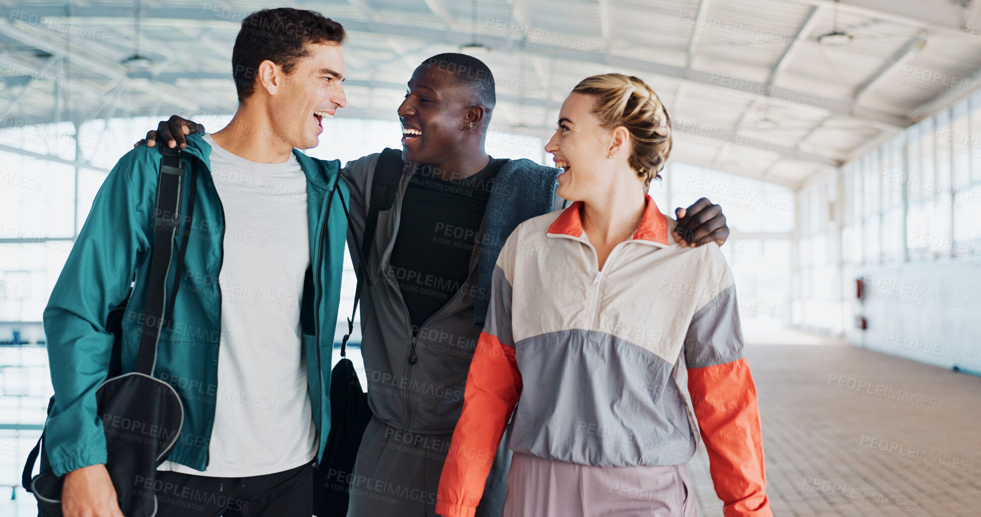 Buy stock photo Swimming pool, sports and people with support, hug and smile with personal trainer. Friends, coach and athletes in wellness center, embrace and conversation for achievement, feedback and teamwork