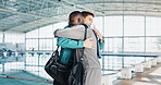 Hug, swimming pool and men with fitness, training and greeting with support, goals and hello. People, athlete or friends in wellness center, embrace or teamwork with partnership, motivation or sports
