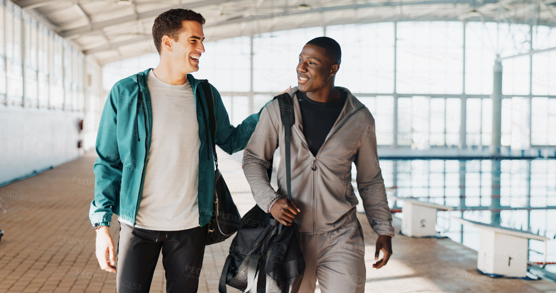 Buy stock photo Smile, training and friends with people at swimming pool for fitness team, coaching and support. Competition, personal trainer and exercise progress with athlete talking at workout center together