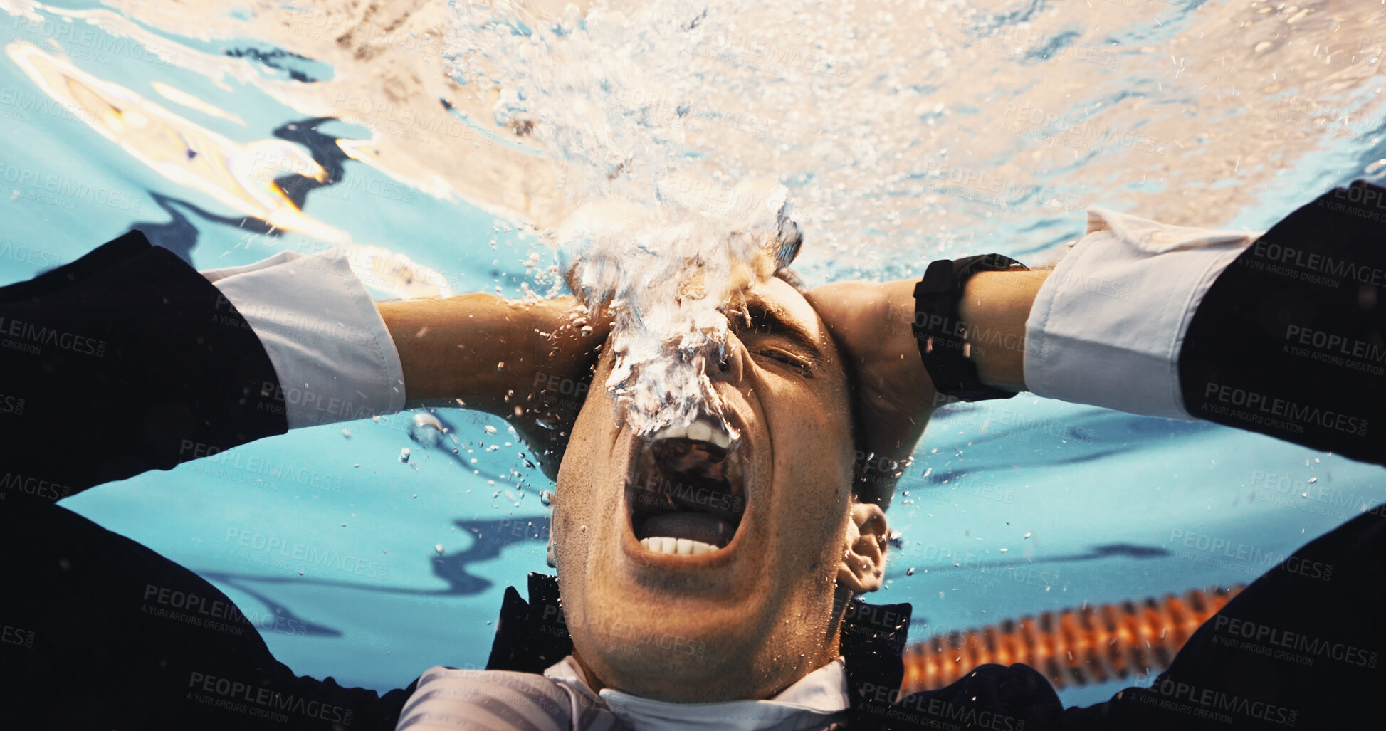 Buy stock photo Business, man and angry underwater in pool with screaming, bad news and emotional reaction to dismissal. Drowning, frustrated professional or shouting for work termination, financial crisis or stress