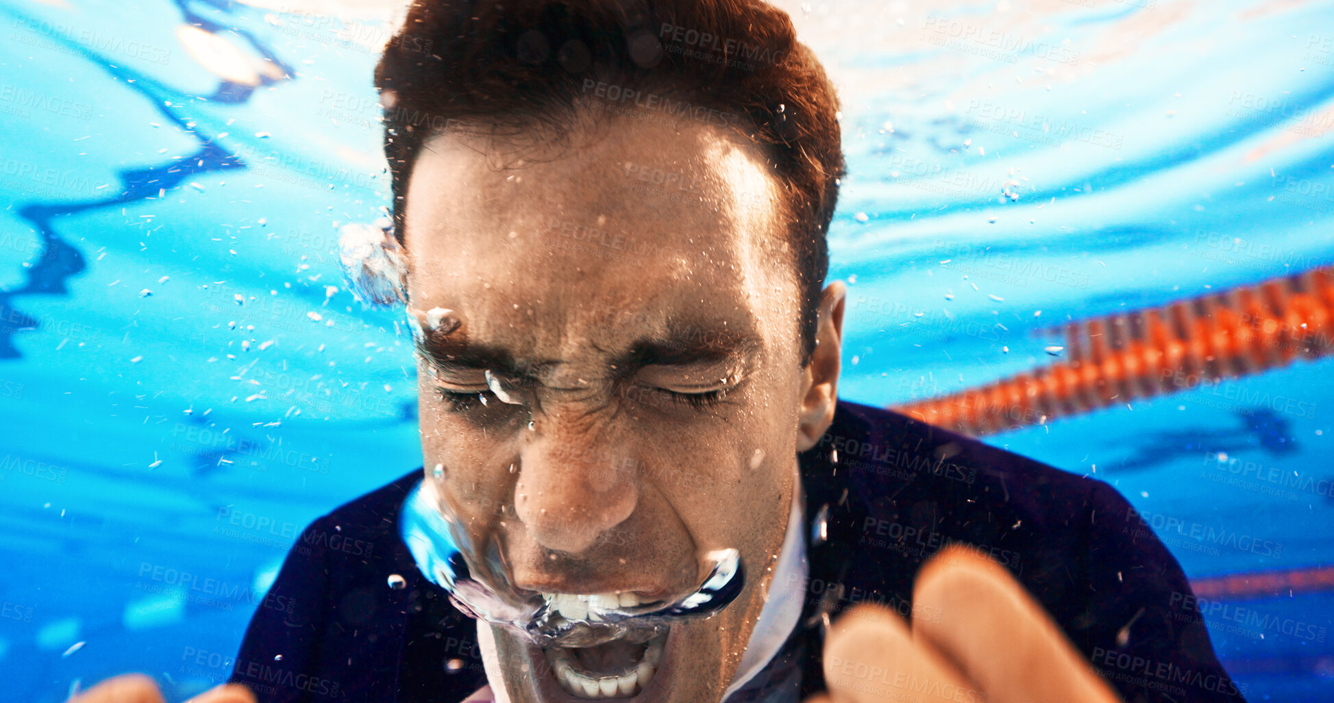Buy stock photo Business, man and screaming underwater in pool for financial mistake, jobless or breakdown. Angry, drowning salesman and shouting for work dismissal, termination and bankruptcy with recession crisis