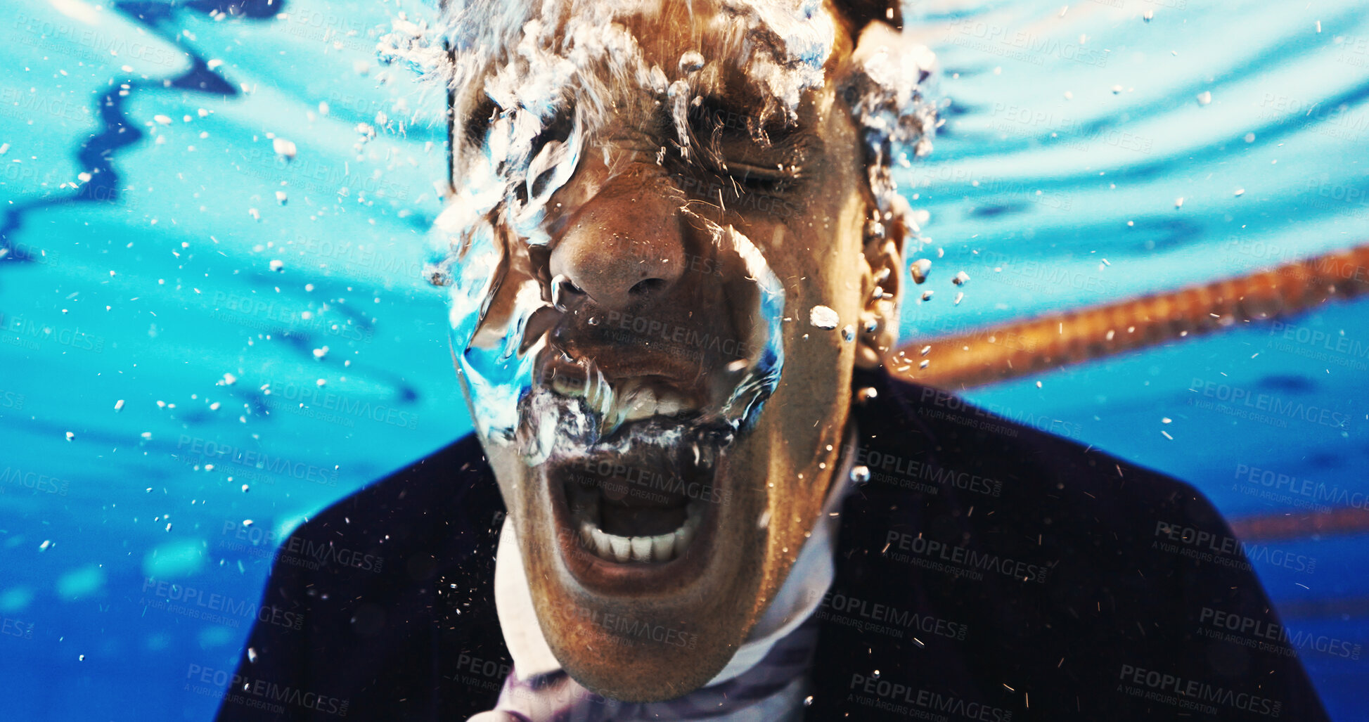 Buy stock photo Business, man and yelling underwater in pool for financial crisis, jobless and emotional breakdown. Angry, frustrated salesman and drowning for work dismissal, bad news and rage with job termination