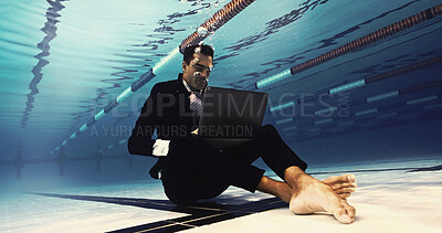 Buy stock photo Working, water and businessman with laptop, pool and drowning in company debt, bubbles and corporate. Financial crisis, entrepreneur and worry for tax return deadline, workaholic and person with tech