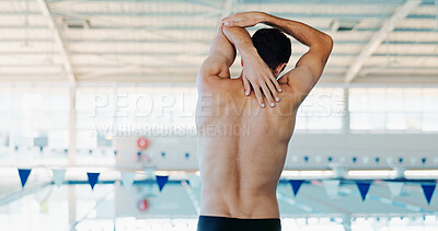 Buy stock photo Back, athlete man and warm up for swimming sports, fitness event and training preparation. Swimmer, stretching and muscle for exercise practice, workout competition and performance of cardio progress