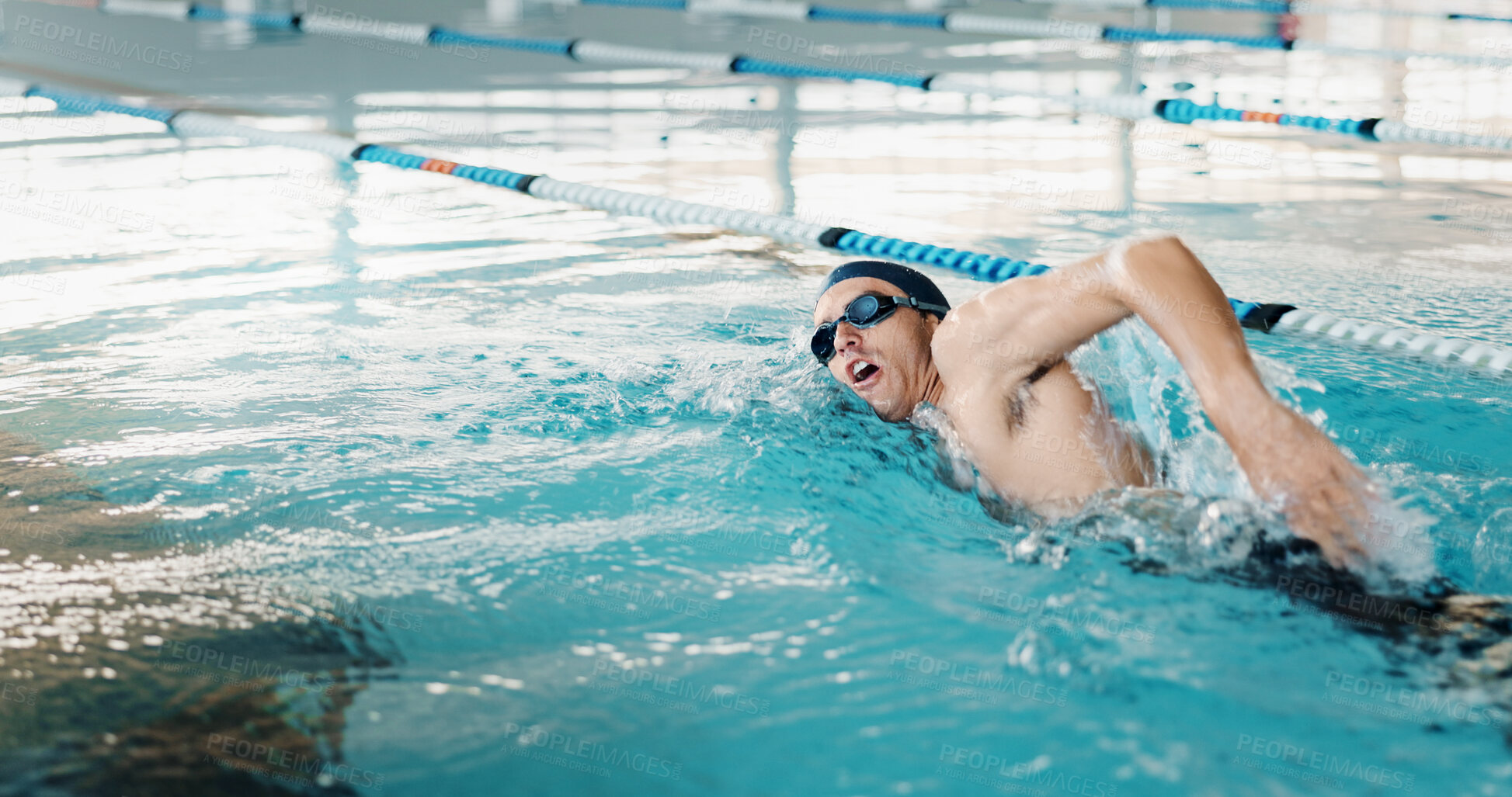 Buy stock photo Swimming, man and cardio for athlete, fitness and practice for competition, healthy and routine in pool. Active, training and performance of person in water, exercise or swimmer with energy for sport