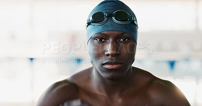 Buy stock photo Portrait, athlete and black man with goggles for swimming sports, fitness event and start training. Male person, ready and pride with exercise practice, workout competition and water contest for race