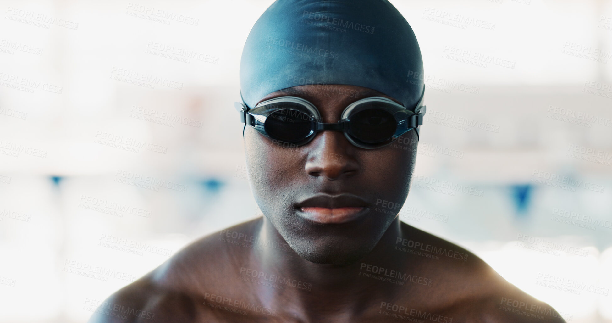 Buy stock photo Athlete, black man and goggles for swimming sports, ready and pride for fitness event. Male swimmer, confident and preparation for exercise practice, cardio workout and contest for water competition