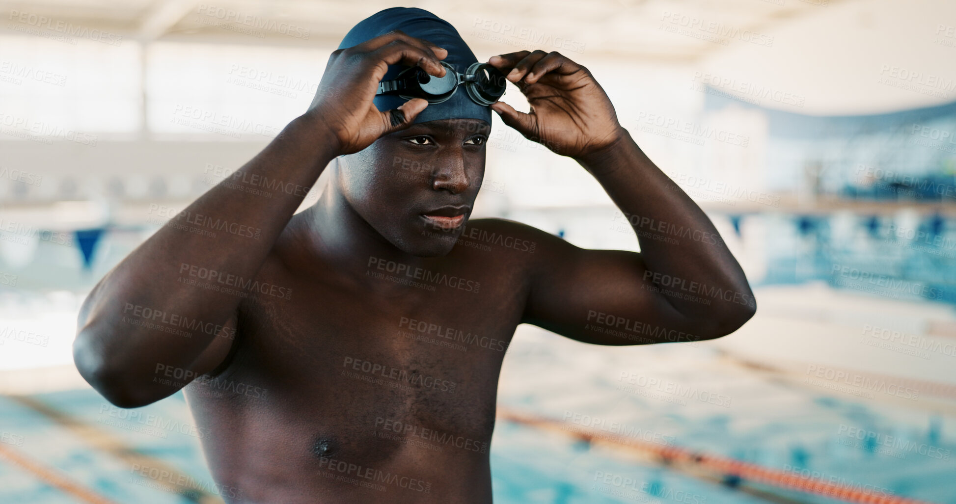 Buy stock photo Active, black man and goggles for swimming sports, ready and pride for fitness challenge. Male swimmer, confident and preparation for exercise practice, cardio workout and start of competition event