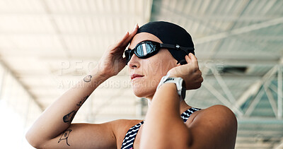 Buy stock photo Active, woman and goggles for swimming sports, getting ready and confident of fitness event. Female person, start and preparation for exercise practice, cardio workout and competition of aqua contest