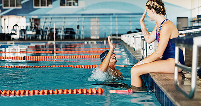 Buy stock photo Sports, training and swimming pool with people and high five for fitness team, coaching and support. Competition, personal trainer and exercise progress with swimmer at workout center for goal