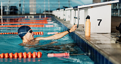 Buy stock photo Swimming, man and fitness for athlete, goggles and practice for competition, healthy or routine in pool. Cardio, training and performance of person in water, exercise or swimmer with energy for sport