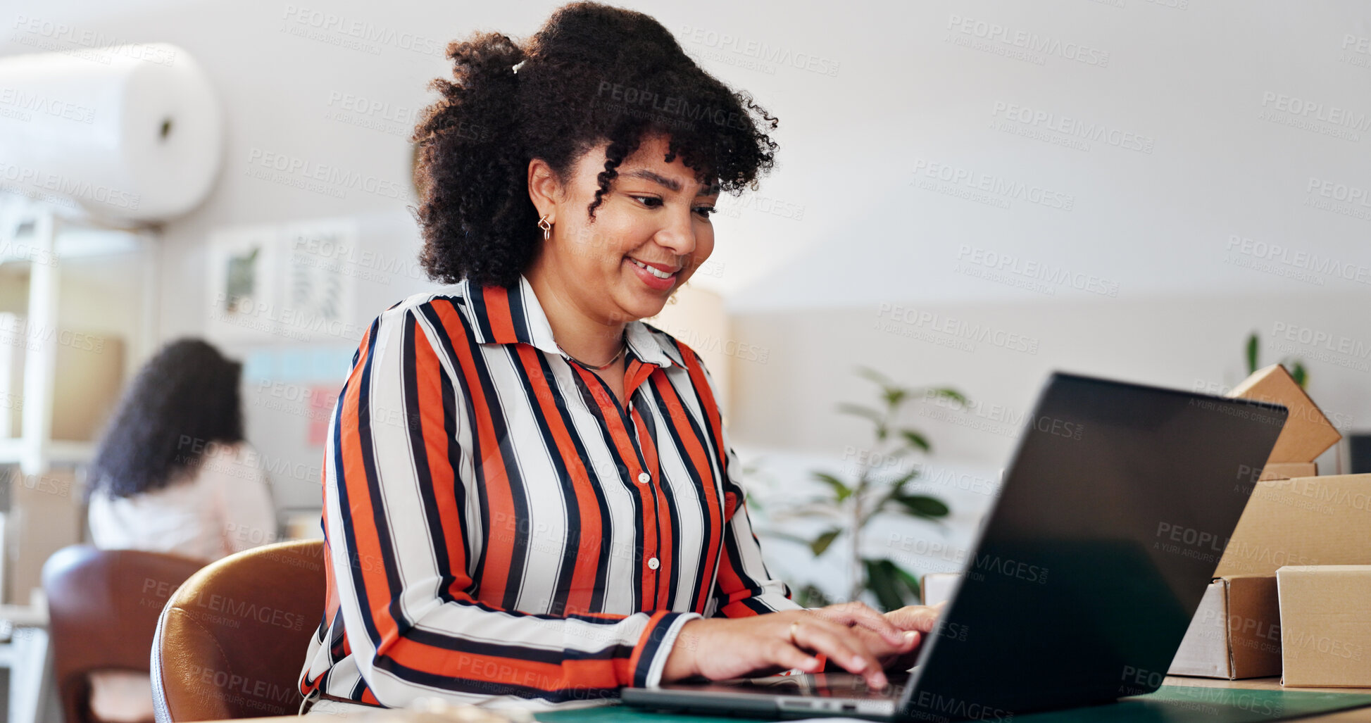 Buy stock photo Business, woman and typing on laptop for distribution, shipping schedule and inventory management. Happy, person and feedback for ecommerce, logistics and supply chain with quality control checklist